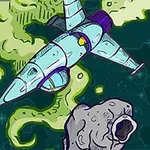Nava spațială albastră zburând printr-un spațiu cosmic plin de nebuloase verzi și un asteroid gri