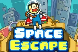 Un personaj astronaut în fața unei nave pe fundal urban, cu textul Space Escape în prim-plan