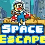 Un personaj astronaut în fața unei nave pe fundal urban, cu textul Space Escape în prim-plan