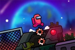 Un personaj roșu într-o salopetă și cască se află pe un teren de joc cu elemente mecanice și un fundal cosmic albastru și violet