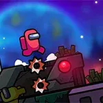 Un personaj roșu într-o salopetă și cască se află pe un teren de joc cu elemente mecanice și un fundal cosmic albastru și violet