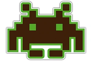 O figură pixelată maro cu o margine verde, având două antene și un model simetric