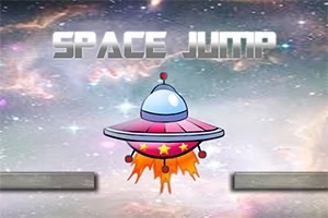 Navă spațială colorată cu flăcări, înconjurată de un fundal cosmic, cu textul SPACE JUMP deasupra