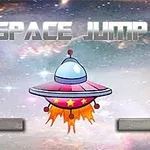 Navă spațială colorată cu flăcări, înconjurată de un fundal cosmic, cu textul SPACE JUMP deasupra