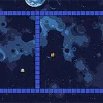 Un labirint albastru într-un spațiu cosmic, cu planete și stele pe fundal
