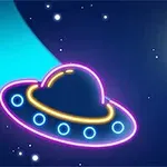 O navă spațială neon colorată și un asteroid luminat pe un fundal de spațiu cu stele