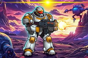 Un soldat futurist în armură albă și portocalie trage cu o armă laser într-un peisaj extraterestru cu roboți și un cer multicolor