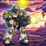 Un soldat futurist în armură albă și portocalie trage cu o armă laser într-un peisaj extraterestru cu roboți și un cer multicolor