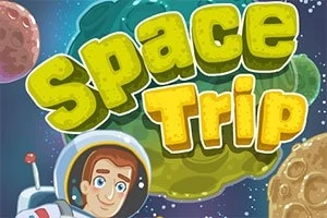 Textul Space Trip este afișat suprapus peste un fundal cosmic cu planete, având un astronaut zâmbitor în colțul din stânga jos