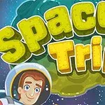 Textul Space Trip este afișat suprapus peste un fundal cosmic cu planete, având un astronaut zâmbitor în colțul din stânga jos