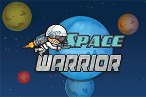 Astronaut stilizat cu rachetă pe spate zburând prin spațiu, în fața unor planete colorate și alături de textul Space Warrior