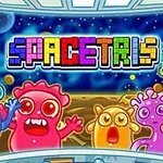 Extraterestri colorați și zâmbitori lângă fereastra unei nave spațiale, cu spațiul cosmic și planeta vizibile pe fundal, sub un titlu pixelat