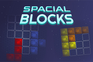 Textul Spacial Blocks pe un fundal albastru cu blocuri colorate roșii, albastre și galbene
