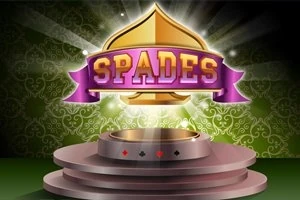 Fundal verde cu model decorativ, un podium argintiu și un semn aurit în formă de pică, cu textul SPADES pe o panglică mov