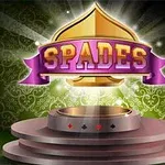Fundal verde cu model decorativ, un podium argintiu și un semn aurit în formă de pică, cu textul SPADES pe o panglică mov