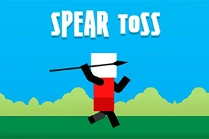 Un personaj pătrat stilizat aruncă o suliță pe un fundal albastru cu textul „Spear Toss” deasupra