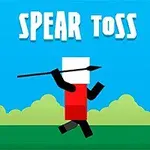 Un personaj pătrat stilizat aruncă o suliță pe un fundal albastru cu textul „Spear Toss” deasupra