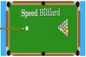Masa de biliard verde cu bile aranjate în formă de triunghi și un tac lângă bila albă, având textul Speed Billiard