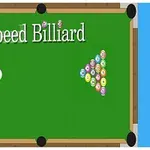 Masa de biliard verde cu bile aranjate în formă de triunghi și un tac lângă bila albă, având textul Speed Billiard