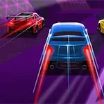 Trei mașini stilizate, de culori roșu, albastru și galben, într-o cursă pe un traseu neon futurist
