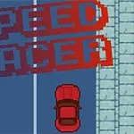 Mașină roșie pe drum albastru, cu text pixelat SPEED RACER deasupra