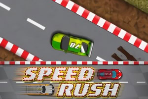 Mașină verde pe un circuit auto cu margini roșii și albe, text SPEED RUSH deasupra