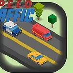 Trei mașini, inclusiv o mașină de poliție, o dubă roșie și un taxi galben, circulă pe un drum cu mai multe benzi, având copaci în fundal și cu textul Speed Traffic deasupra