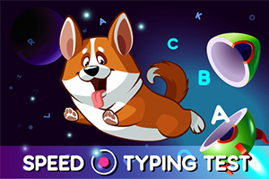Un câine corgi animat zburdalnic pe un fundal albastru închis cu obiecte zburătoare și litere, având textul „SPEED TYPING TEST”