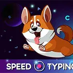 Un câine corgi animat zburdalnic pe un fundal albastru închis cu obiecte zburătoare și litere, având textul „SPEED TYPING TEST”