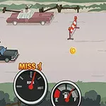 Două mașini pe un drum cu un obstacol și un indicator de monedă, cu un panou de bord al vehiculului afișat în partea de jos