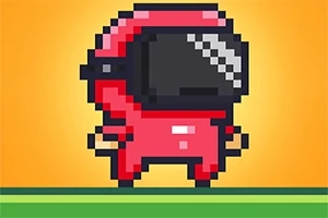 Personaj pixelat într-un costum roșu, cu o mască neagră strălucitoare, pe un fundal galben