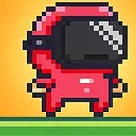 Personaj pixelat într-un costum roșu, cu o mască neagră strălucitoare, pe un fundal galben