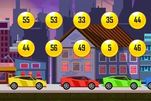 Mașini colorate aliniate la marginea unui oraș cu clădiri, având deasupra cercuri galbene numerotate