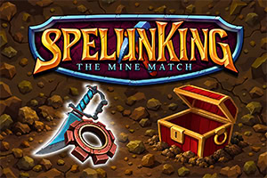Logo „Spellinkling: The Mine Match deasupra unei mine cu pietre, un târnăcop mecanic și un cufăr cu comori deschis