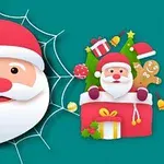 Imaginea arată un Moș Crăciun stilizat cu pălărie roșie, plasat într-o pânză de păianjen, alături de o scenă cu cadouri și un brad de Crăciun