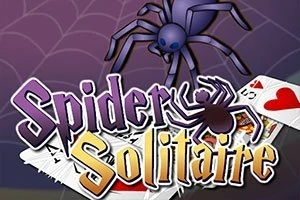 Un păianjen pe o pânză cu cărți de joc și textul Spider Solitaire
