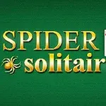 Text SPIDER solitaire în galben cu o imagine mică a unui păianjen și trei cărți de joc pe un fundal verde