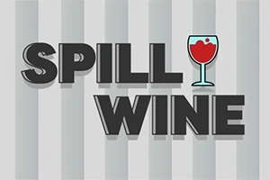 Textul SPILL WINE cu o imagine de pahar cu vin roșu în locul literei I