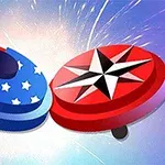 Două obiecte circulare colorate, unul cu steagul SUA și celălalt cu o stea neagră pe fundal roșu, pe un fundal cu efect de explozie