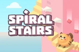 Imaginea arată un personaj drăguț, rotund, asemănător unei pisici, pe niște scări spiralate galbene, cu un fundal albastru și roz și un text mare Spiral Stairs în prim-plan