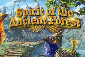 Textul Spirit of the Ancient Forest pe un fundal de pădure magică, cu creaturi fantastice și elemente de lemn sculptat