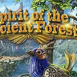 Textul Spirit of the Ancient Forest pe un fundal de pădure magică, cu creaturi fantastice și elemente de lemn sculptat