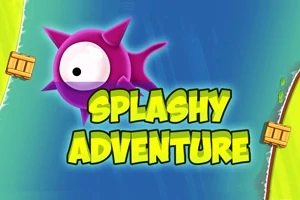 Personaj mov cu un ochi mare pe un fundal albastru-verde, însoțit de textul „Splashy Adventure” și două cutii mici în colțurile imaginii