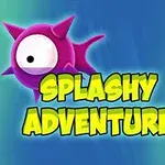 Personaj mov cu un ochi mare pe un fundal albastru-verde, însoțit de textul „Splashy Adventure” și două cutii mici în colțurile imaginii