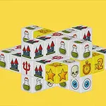Cuburi albe cu simboluri diverse precum poțiuni, castele, stele, cranii și ochi, aranjate într-o formă geometrică complexă pe un fundal galben