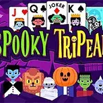 Stilizat cu design de Halloween, imaginea include personaje precum vampiri, mumii și un dovleac, în fața unui fundal mov decorat cu fantome și cărți de joc