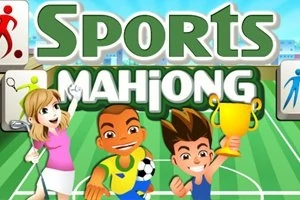 Desen animat cu trei personaje jucăușe pe un teren de sport, cu unul dintre ele ținând un trofeu și texte mari Sports Mahjong deasupra