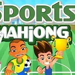 Desen animat cu trei personaje jucăușe pe un teren de sport, cu unul dintre ele ținând un trofeu și texte mari Sports Mahjong deasupra