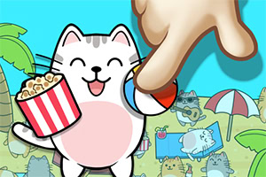 Pisică desenată în stil caricatural, zâmbitoare, ținând o cutie de popcorn și o minge, fundalul arătând o plajă animată cu alte pisici și copaci tropicali