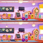 Imaginea prezintă o sală de clasă colorată, cu jucării, un televizor, o tablă cu note și multe culori luminoase, având două versiuni aproape identice ale aceleiași scene
